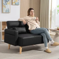 Sofá de 2 Plazas con Tapizado de Cuero Sintético Acolchado Grueso y Patas de Madera para Salón 117x78x78 cm Negro - Ogal.Es