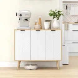 Mueble Buffet Auxiliar con Estantes Ajustables 3 Puertas Carga 50 kg 91,5x35x77,4 cm Blanco y Natural - Ogal.Es