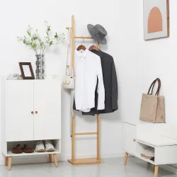 Perchero de Pie de Bambú Estilo Moderno con Ganchos y Barras para Entrada Pasillo Dormitorio 36x24x168 cm Natural - Ogal.Es