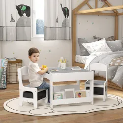 Juego de Mesa con Sillas para Niños 3 en 1 con Pizarra Cajones de Tela y Espacio de Almacenamiento Blanco y Gris - Ogal.Es