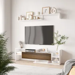 Conjunto Muebles de Salón con Mesa para Televisor 153,6x25x42 cm y Estante de Pared 150x14,5x16,3 cm Blanco y Ma... - Ogal.Es