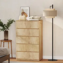 Cómoda 5 Cajones para Dormitorio Moderna Diseño sin Tiradores para Comedor Entrada 60x39x100 cm Madera Natural - Ogal.Es