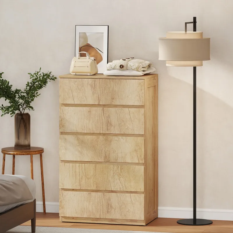 Cómoda 5 Cajones para Dormitorio Moderna Diseño sin Tiradores para Comedor Entrada 60x39x100 cm Madera Natural - Ogal.Es