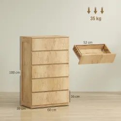 Cómoda 5 Cajones para Dormitorio Moderna Diseño sin Tiradores para Comedor Entrada 60x39x100 cm Madera Natural - Ogal.Es
