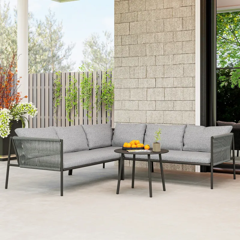 Conjunto Jardín Exterior de Ratán con 2 Sofás de 2 Plazas Sofá Esquina Mesa Redonda Cojines Terraza Gris Oscuro - Ogal.Es