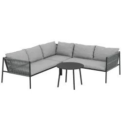 Conjunto Jardín Exterior de Ratán con 2 Sofás de 2 Plazas Sofá Esquina Mesa Redonda Cojines Terraza Gris Oscuro - Ogal.Es