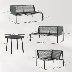 Conjunto Jardín Exterior de Ratán con 2 Sofás de 2 Plazas Sofá Esquina Mesa Redonda Cojines Terraza Gris Oscuro - Ogal.Es