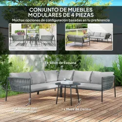 Conjunto Jardín Exterior de Ratán con 2 Sofás de 2 Plazas Sofá Esquina Mesa Redonda Cojines Terraza Gris Oscuro - Ogal.Es