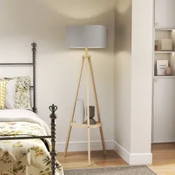 Lámpara de Pie Tipo Trípode con Estructura de Madera Natural y Pantalla de Tela Gris con Estante Integrado 48x48... - Ogal.Es