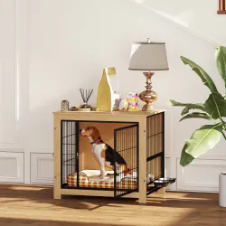 Jaula para Perros Mesa Auxiliar Moderna con 2 Puertas Soporte Giratorio con 2 Tazones 80x60x68 cm Roble - Ogal.Es