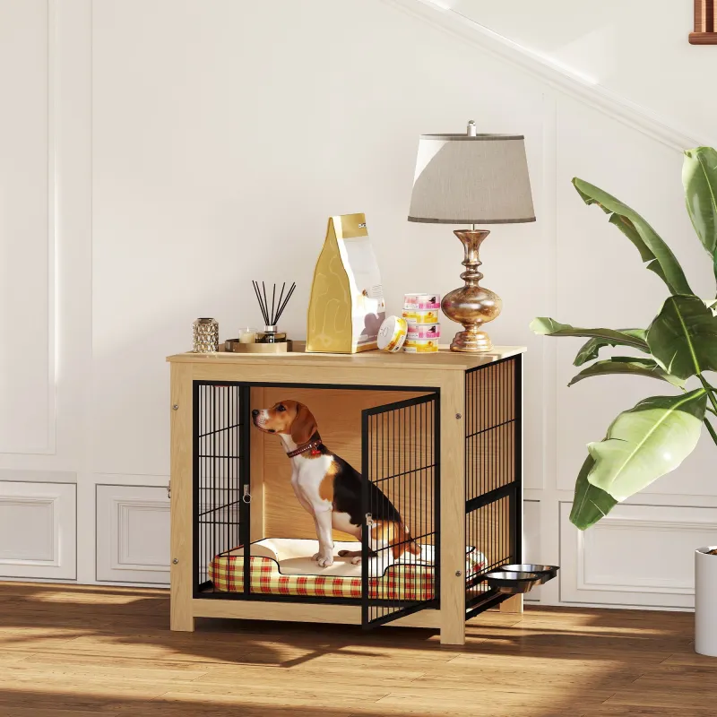 Jaula para Perros Mesa Auxiliar Moderna con 2 Puertas Soporte Giratorio con 2 Tazones 80x60x68 cm Roble - Ogal.Es