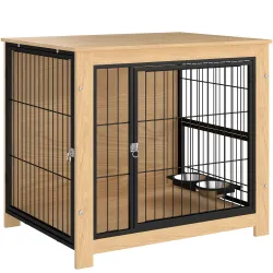 Jaula para Perros Mesa Auxiliar Moderna con 2 Puertas Soporte Giratorio con 2 Tazones 80x60x68 cm Roble - Ogal.Es