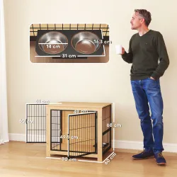 Jaula para Perros Mesa Auxiliar Moderna con 2 Puertas Soporte Giratorio con 2 Tazones 80x60x68 cm Roble - Ogal.Es