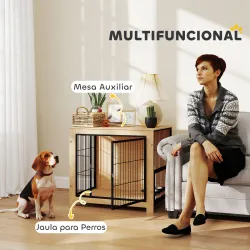 Jaula para Perros Mesa Auxiliar Moderna con 2 Puertas Soporte Giratorio con 2 Tazones 80x60x68 cm Roble - Ogal.Es