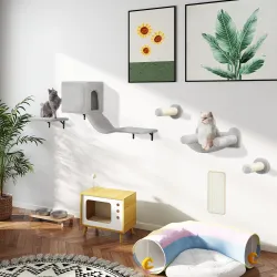 Juego de Escalada para Gatos de Pared de 6 Piezas con Condominio Plataforma Hamaca Escaleras y Tabla de Rascar Gris - Ogal.Es