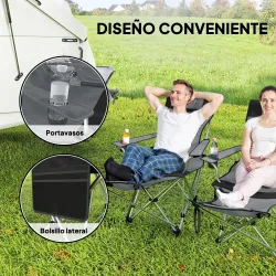 Conjunto de 2 Sillas Plegables Camping con Reposapiés Desmontable Reposacabezas Portavasos y Bolsa 125x48x90 cm ... - Ogal.Es