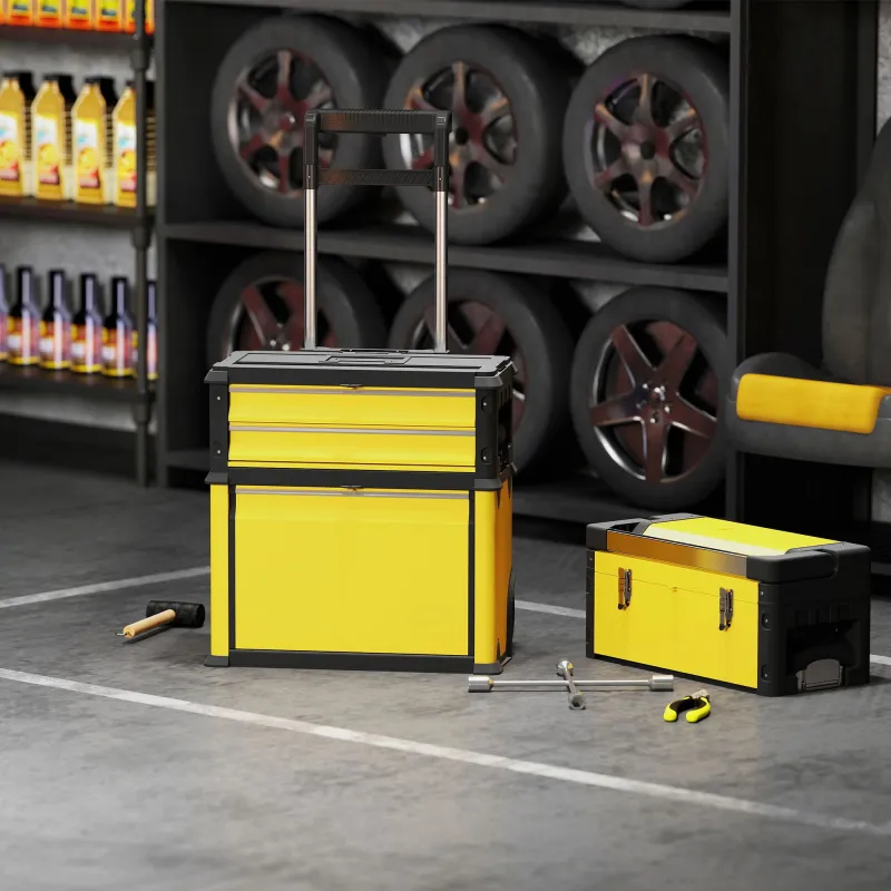 Caja de Herramientas con Ruedas Apilable Carro de Herramientas de Acero con Bandeja Mango Telescópico Amarillo y... - Ogal.Es