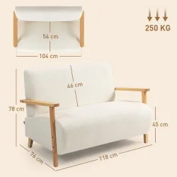 Sofá de 2 Plazas Tapizado en Borreguito 118 cm con Acolchado Grueso Reposabrazos y Patas de Madera Crema - Ogal.Es