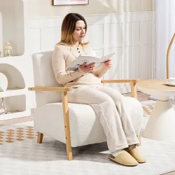 Sillón Nórdico de Borreguito Acolchado Grueso y Patas de Madera Asiento Amplio para Salón Dormitorio 74,5x76x78 ... - Ogal.Es