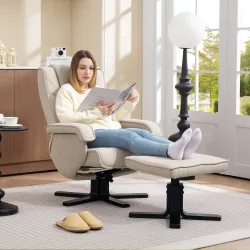Sillón Relax Reclinable con Reposapiés Giratoria Tapizado en Lino con Base de Madera Beige - Ogal.Es