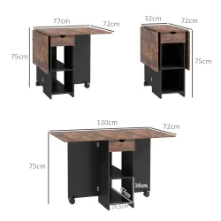 Mesa de Cocina Plegable con Ruedas Alas Abatibles Cajón y Estantes para 2-4 Personas 120x72x75 cm Marrón Rústico... - Ogal.Es