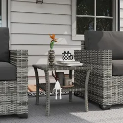 Mesa de Jardín de Ratán PE Cuadrada 50x50x45 cm con Estante Encimera de Cristal y Marco de Acero Carga 30 kg Gris - Ogal.Es