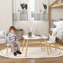 Conjunto Infantil de Mesa y 2 Sillas con Respaldo en Forma de Corona para Lectura y Dibujo 60x60x44 cm Blanco y ... - Ogal.Es