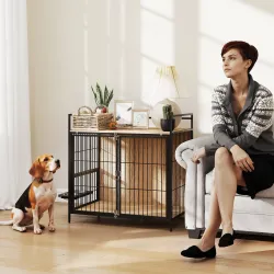 Jaula para Perros Mesa Auxiliar Moderna con Soporte Giratorio con 2 Tazones y 2 Puertas 80x56x76,5 cm Roble - Ogal.Es