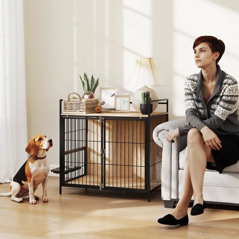 Jaula para Perros Mesa Auxiliar Moderna con Soporte Giratorio con 2 Tazones y 2 Puertas 80x56x76,5 cm Roble - Ogal.Es
