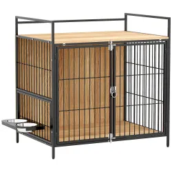 Jaula para Perros Mesa Auxiliar Moderna con Soporte Giratorio con 2 Tazones y 2 Puertas 80x56x76,5 cm Roble - Ogal.Es