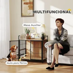 Jaula para Perros Mesa Auxiliar Moderna con Soporte Giratorio con 2 Tazones y 2 Puertas 80x56x76,5 cm Roble - Ogal.Es