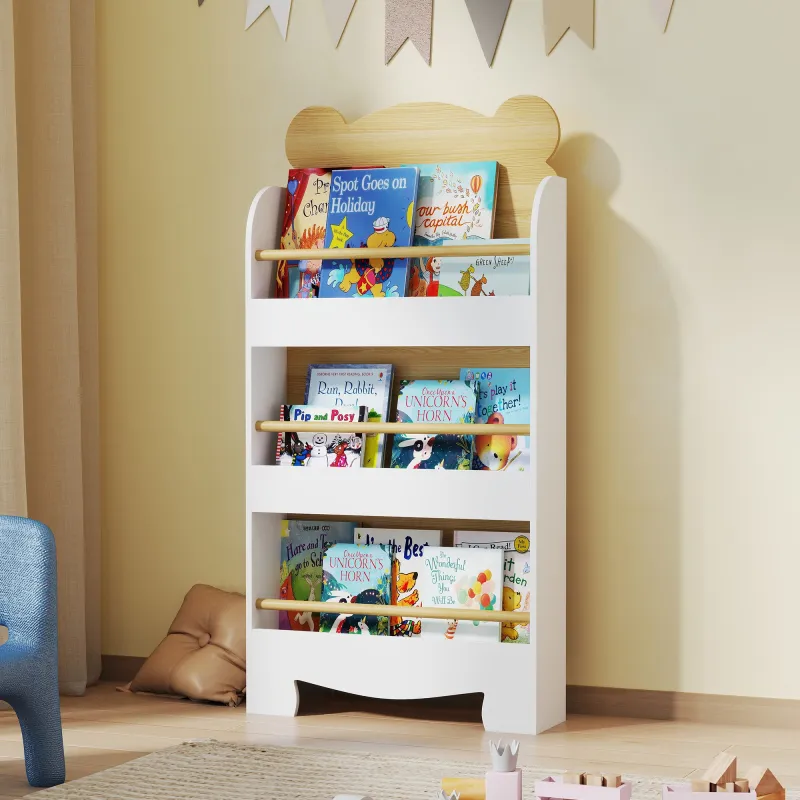Estantería Infantil de 3 Niveles con Diseño de Osito Bordes Redondeados y Barreras de Seguridad para Libros y Ju... - Ogal.Es