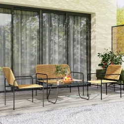 Conjunto de Muebles Jardín Exterior de Ratán de 4 Piezas con Sofá Sillones y Mesa de Tablero de Vidrio Natural - Ogal.Es