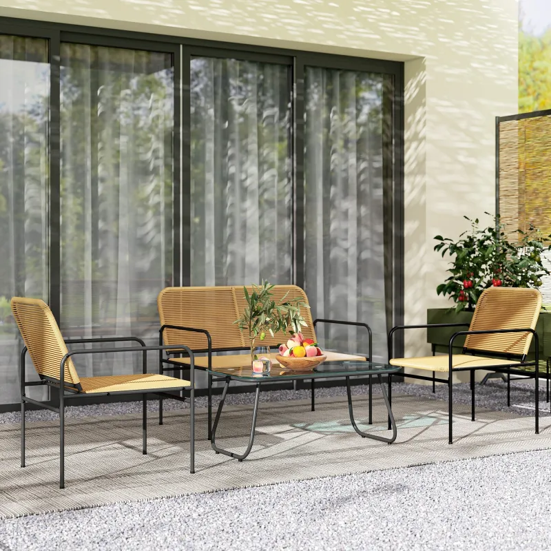 Conjunto de Muebles Jardín Exterior de Ratán de 4 Piezas con Sofá Sillones y Mesa de Tablero de Vidrio Natural - Ogal.Es