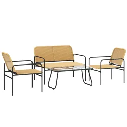Conjunto de Muebles Jardín Exterior de Ratán de 4 Piezas con Sofá Sillones y Mesa de Tablero de Vidrio Natural - Ogal.Es