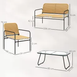 Conjunto de Muebles Jardín Exterior de Ratán de 4 Piezas con Sofá Sillones y Mesa de Tablero de Vidrio Natural - Ogal.Es