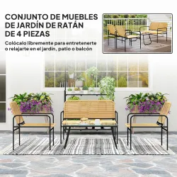 Conjunto de Muebles Jardín Exterior de Ratán de 4 Piezas con Sofá Sillones y Mesa de Tablero de Vidrio Natural - Ogal.Es