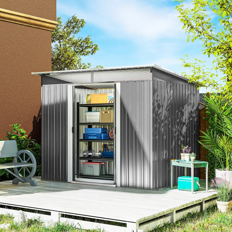 Cobertizo de Jardín Exterior 4,5 m² 260x194x200 cm con Paneles Frontales Transparentes y 2 Puertas Corredizas Gris - Ogal.Es