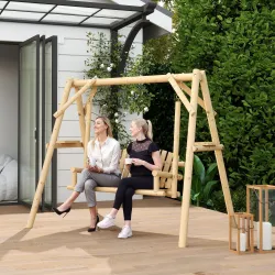 Banco Columpio de Jardín de Madera de 2 Plazas con Bandejas Laterales Reposabrazos y Estructura en A Natural - Ogal.Es
