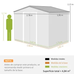 Caseta de Jardín Exterior 4,84m² 278x195x215cm con 2 Puertas y 4 Ventanas para Almacenamiento de Herramientas Na... - Ogal.Es