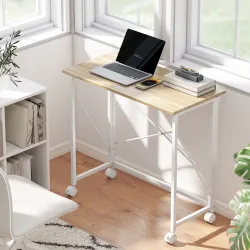 Escritorio Plegable con Ruedas y Estructura Resistente Ideal para Oficina y Estudio 80x40x75 cm Natural y Blanco - Ogal.Es