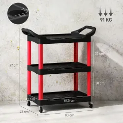 Carro de Herramientas con 3 Estantes Ruedas y Asas para Garaje Mecánico Hogar Carga 91 kg Rojo y Negro - Ogal.Es