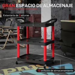 Carro de Herramientas con 3 Estantes Ruedas y Asas para Garaje Mecánico Hogar Carga 91 kg Rojo y Negro - Ogal.Es