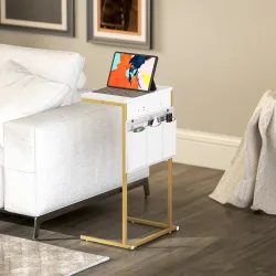 Mesa Auxiliar Estilo Marmolizado con Cargador USB y Espacio de Almacenaje 25,5x40x71 cm Blanco y Dorado - Ogal.Es