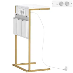 Mesa Auxiliar Estilo Marmolizado con Cargador USB y Espacio de Almacenaje 25,5x40x71 cm Blanco y Dorado - Ogal.Es