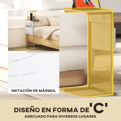 Mesa Auxiliar Estilo Marmolizado con Cargador USB y Espacio de Almacenaje 25,5x40x71 cm Blanco y Dorado - Ogal.Es