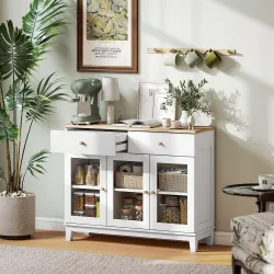 Aparador para Salón Moderno con 3 Puertas de Vidrio Estriado 2 Cajones y Estantes Ajustables 100x35x80,3 cm Blanco - Ogal.Es