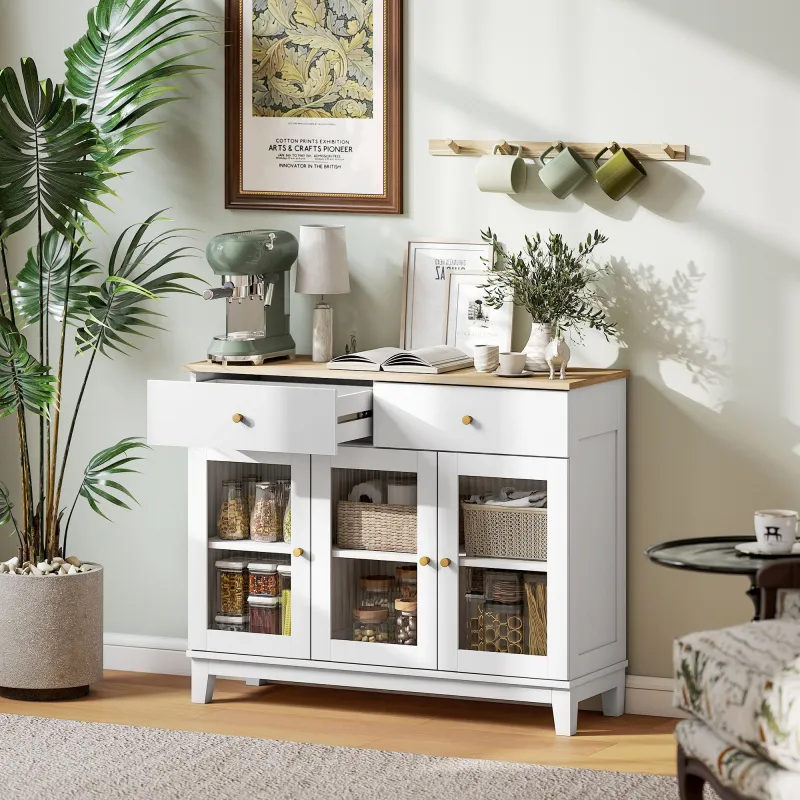 Aparador para Salón Moderno con 3 Puertas de Vidrio Estriado 2 Cajones y Estantes Ajustables 100x35x80,3 cm Blanco - Ogal.Es
