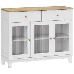 Aparador para Salón Moderno con 3 Puertas de Vidrio Estriado 2 Cajones y Estantes Ajustables 100x35x80,3 cm Blanco - Ogal.Es