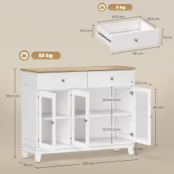 Aparador para Salón Moderno con 3 Puertas de Vidrio Estriado 2 Cajones y Estantes Ajustables 100x35x80,3 cm Blanco - Ogal.Es